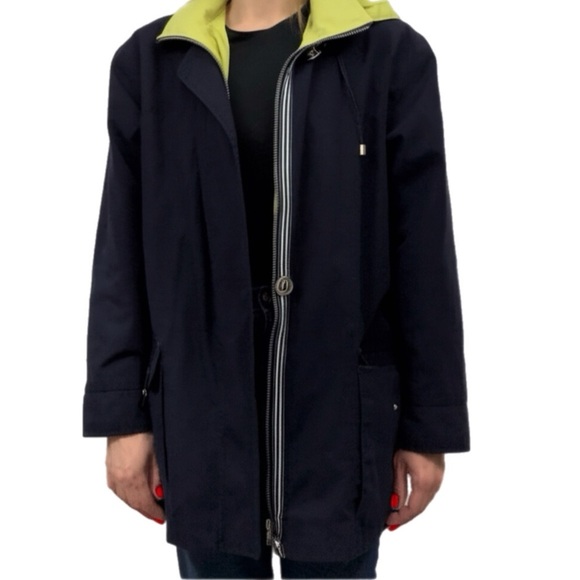 Vtg 90s IZZI SPORT Navy Lime Spring Jacket Full Zip Hooded Coat Oversized Sz S - Picture 12 of 14